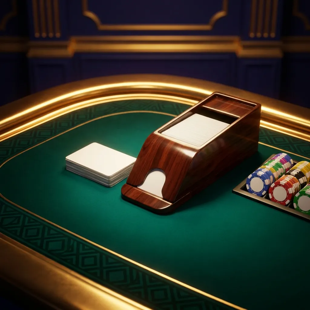 Cinematic 3D render of a baccarat table layout with a polished wooden card shoe and chip rack on a dark background with warm 