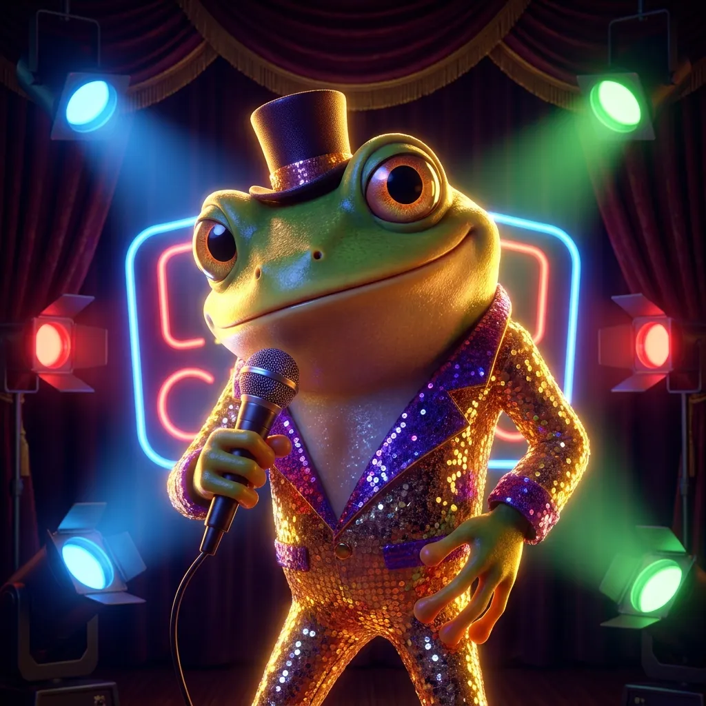 Glossy 3D render of a cartoon frog in a glittering sequinned jumpsuit posed dramatically under warm neon showbiz lights on a 