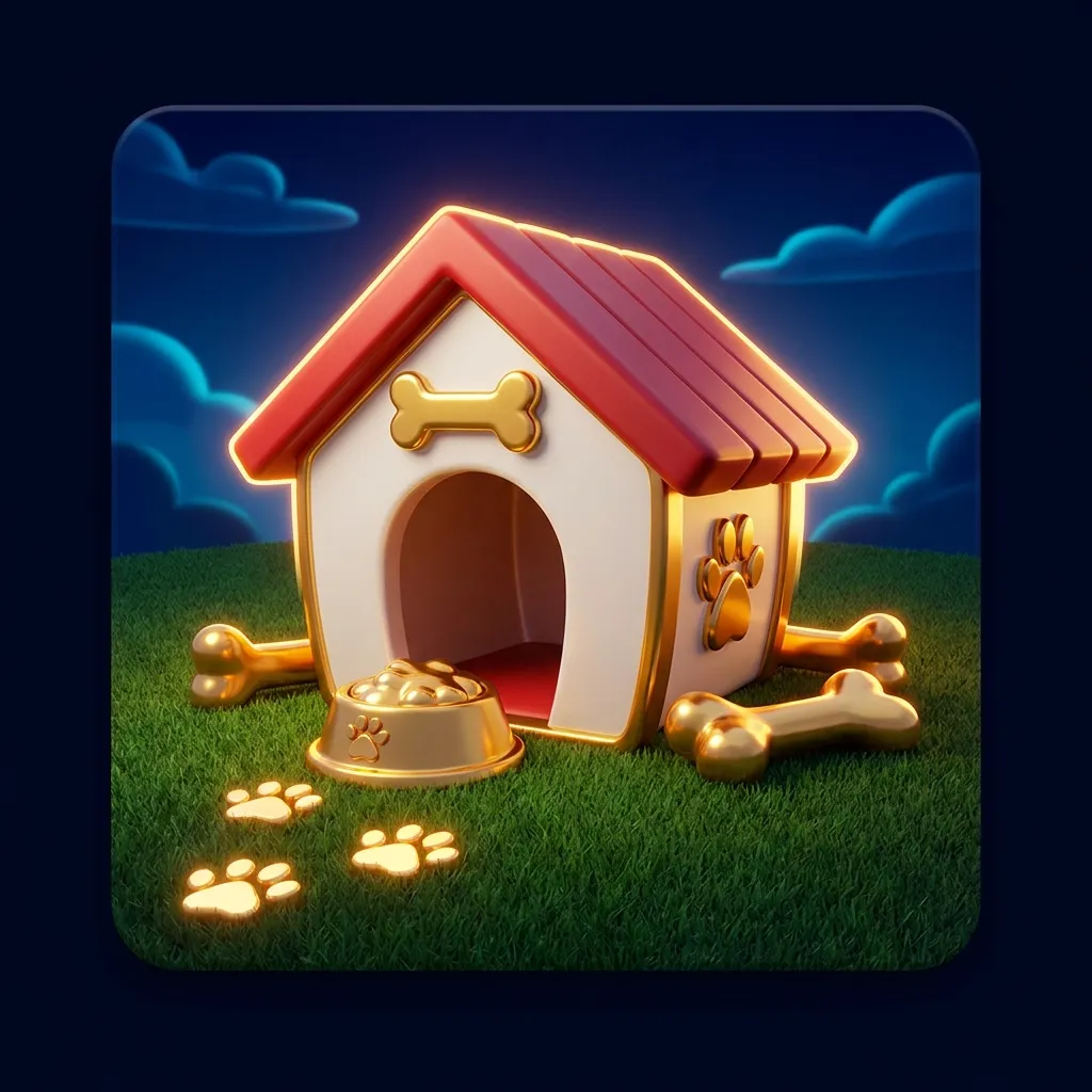 Glossy 3D render of a cheerful cartoon dog kennel surrounded by bones and paw prints on a grassy lawn, dramatic gold rim ligh
