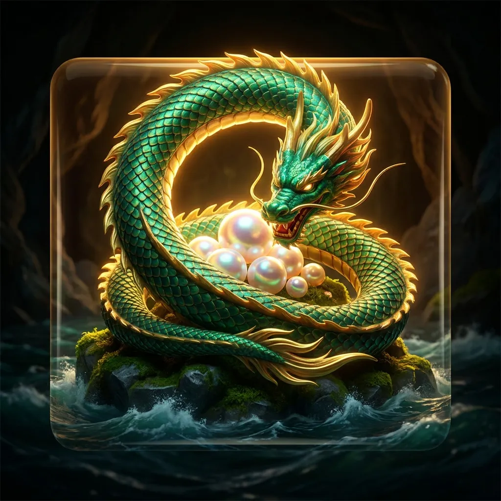 A glossy 3D rendered coiled oriental dragon with gold rim lighting guards luminous pearls above dark reflective water