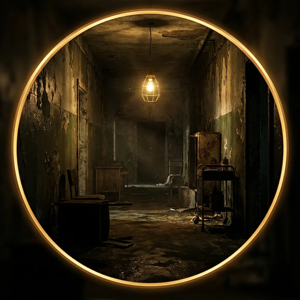 Cinematic 3D render of a dark derelict asylum corridor with crumbling peeling walls and a single flickering overhead bulb cas