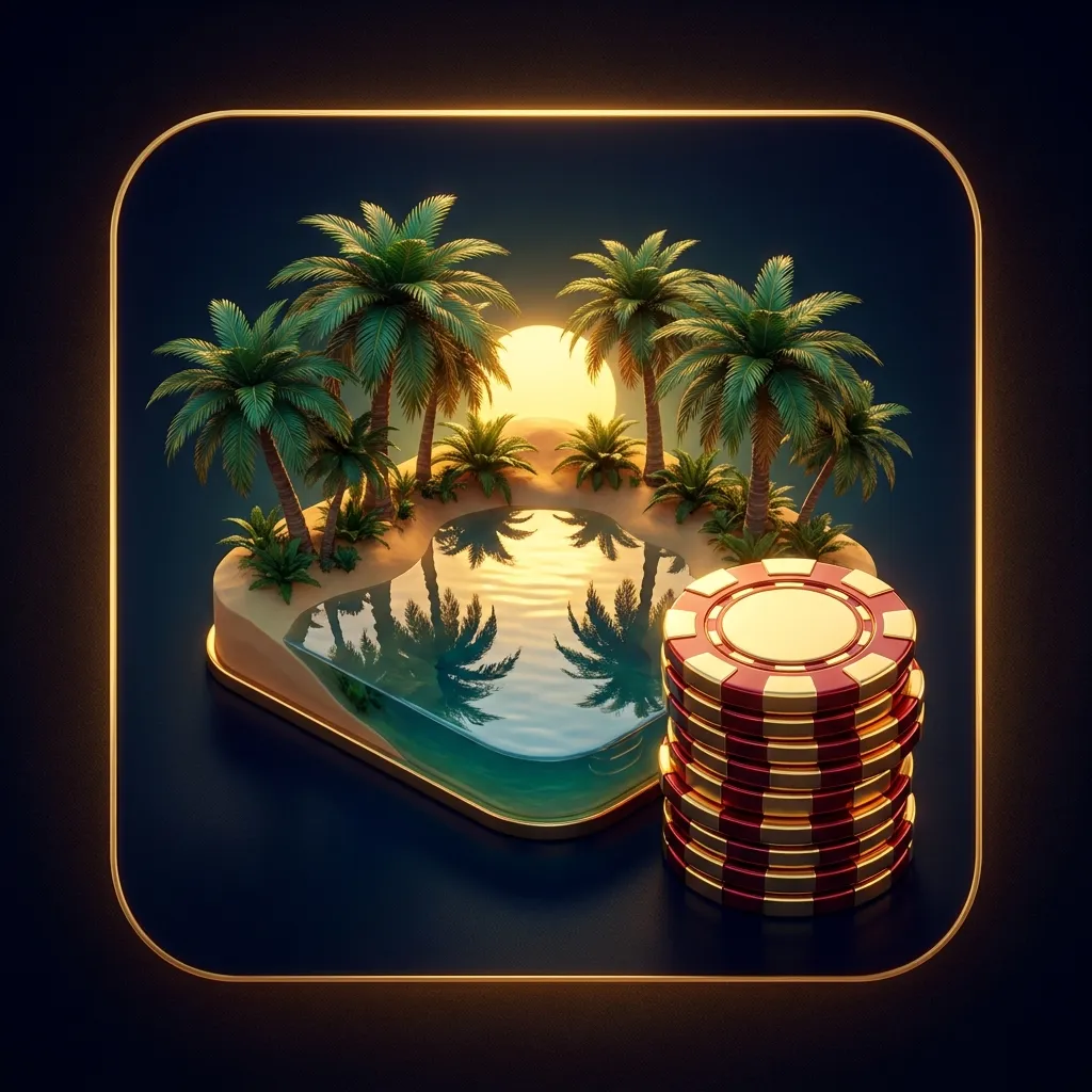 Glossy 3D casino tile showing a moonlit desert oasis with palm trees reflected in still water beside a gleaming poker chip st