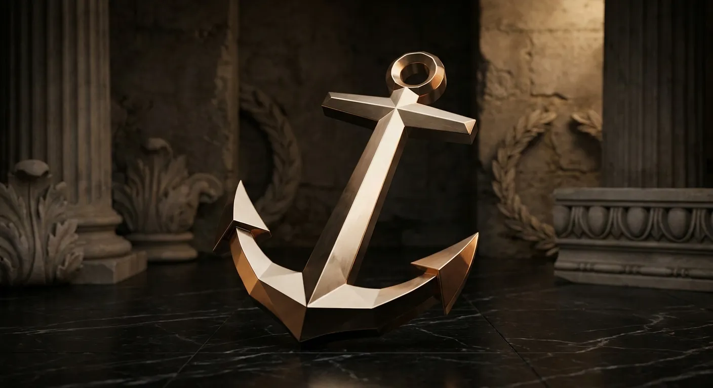 Polished faceted gold anchor with sharp chamfered edges on dark veined marble floor, warm cinematic key light, classical anti