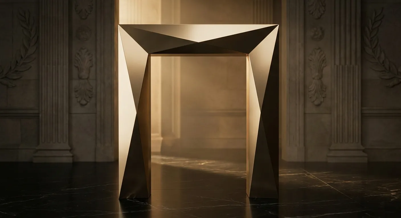 Faceted polished gold archway with chamfered edges and warm champagne highlights on dark veined marble, cinematic low-key lig