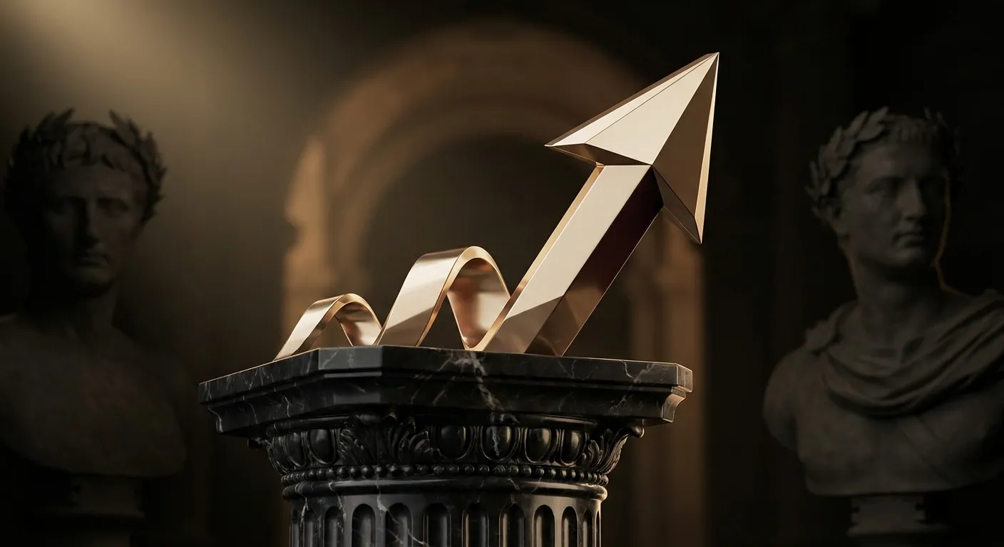 Polished faceted gold arrow climbing from a dark marble base, trailing a chamfered gold ribbon, warm cinematic lighting on an