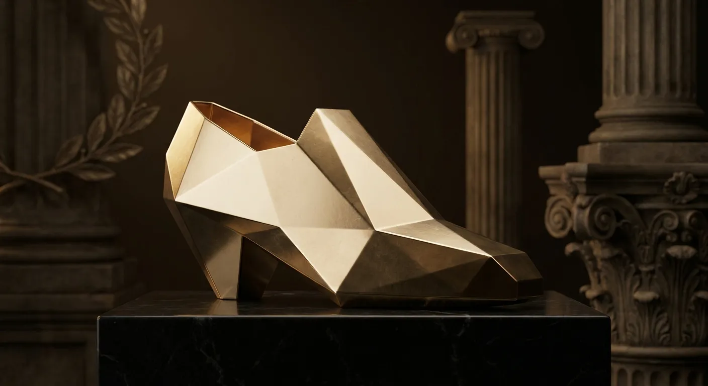 Polished faceted gold baccarat shoe with sharp chamfered edges and angular planes resting on dark veined black marble, cinema