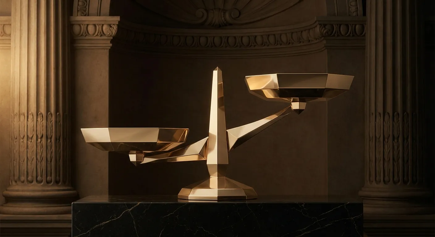 Cinematic faceted gold balance scale with uneven pans on classical marble plinth, warm key light, dark veined background