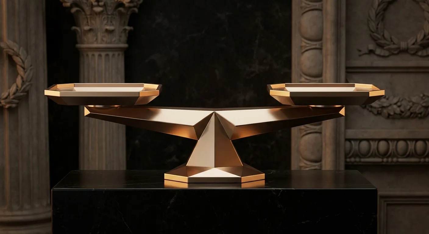 Cinematic faceted gold balance scale centered on dark veined marble plinth, warm champagne highlights, deep antique bronze sh