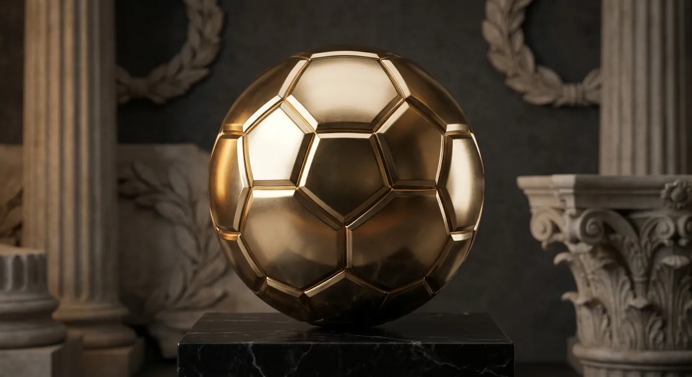 Polished faceted gold ball with sharp chamfered panels on black marble, warm cinematic key light casting deep antique bronze