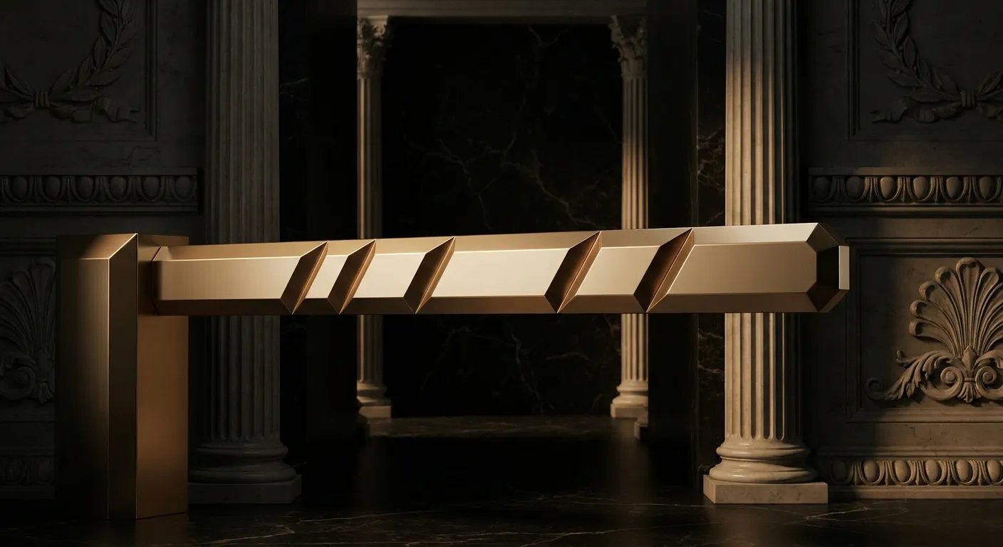 Cinematic faceted gold barrier arm lowered across dark veined marble passage with classical fluted columns and warm champagne