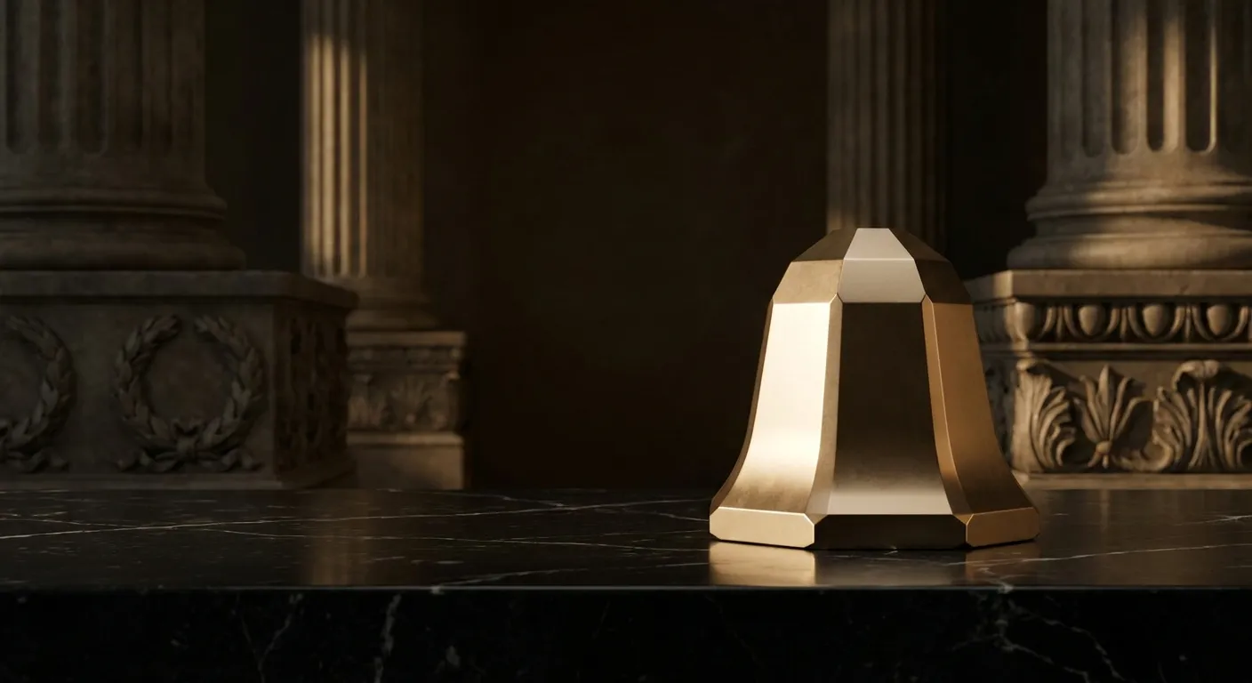Polished faceted gold bell on dark veined marble, cinematic warm light highlighting chamfered edges with deep antique bronze