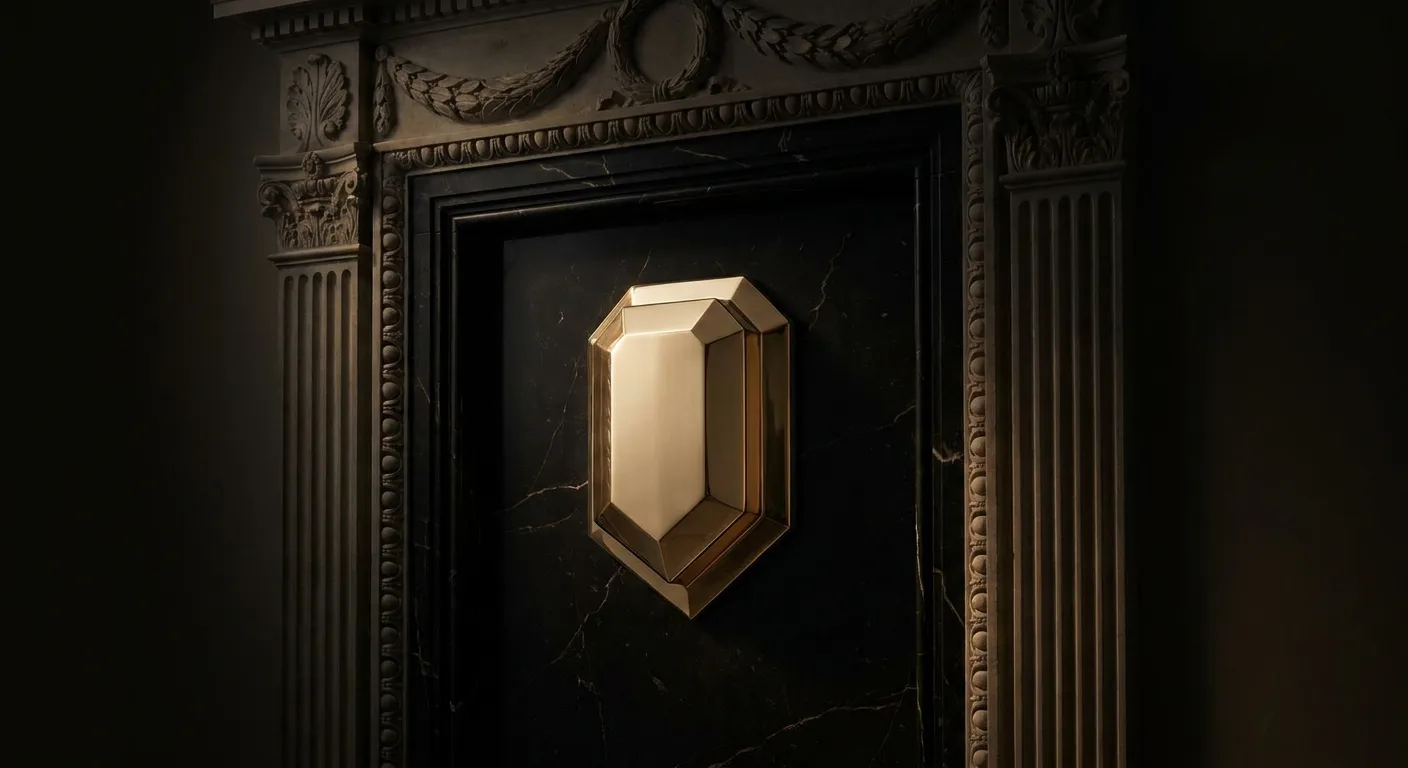 Polished faceted gold bolt with chamfered edges raking warm light against dark veined marble, classical antiquity architectur