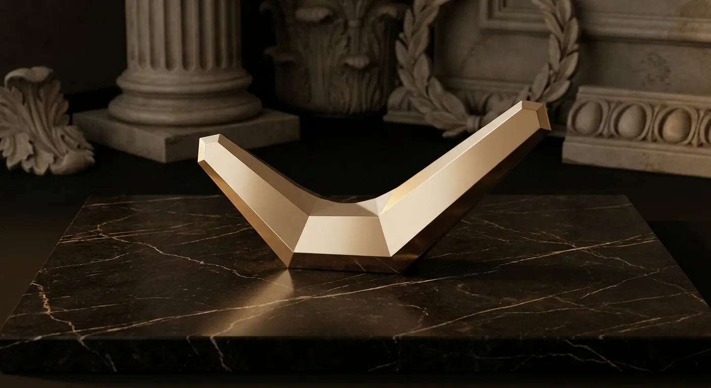 Polished faceted gold boomerang curve with chamfered edges, warm champagne highlights, and deep bronze shadows on dark veined