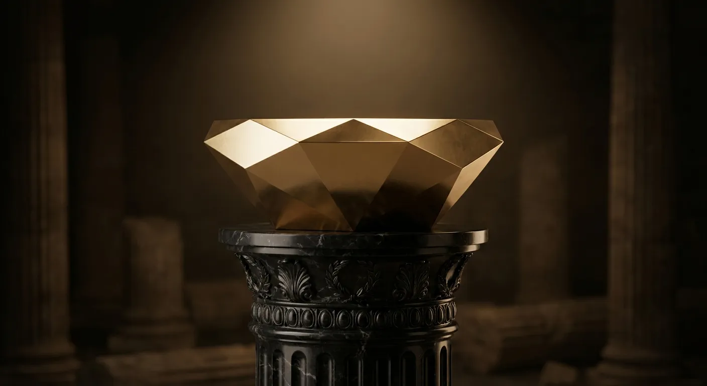 Polished faceted gold bowl on a dark black marble pedestal, warm cinematic key light casting champagne highlights and deep br