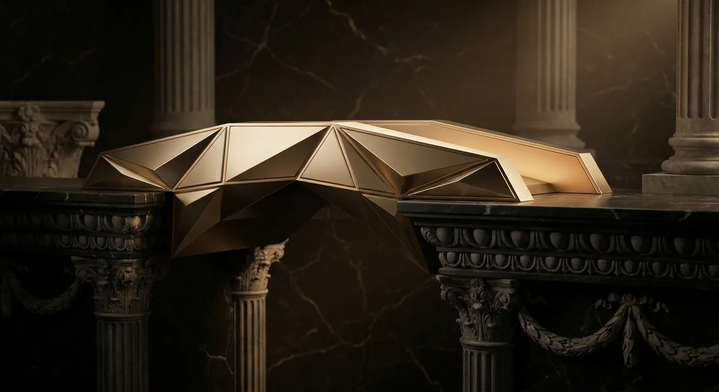 Polished faceted gold bridge connecting two marble ledges, sharp chamfered edges catching warm light against dark veined blac
