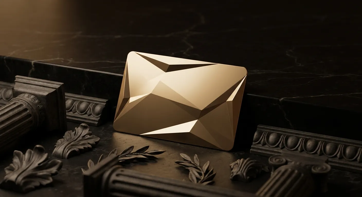 Polished faceted gold card slab with chamfered edges resting on dark veined black marble, warm cinematic key light casting de