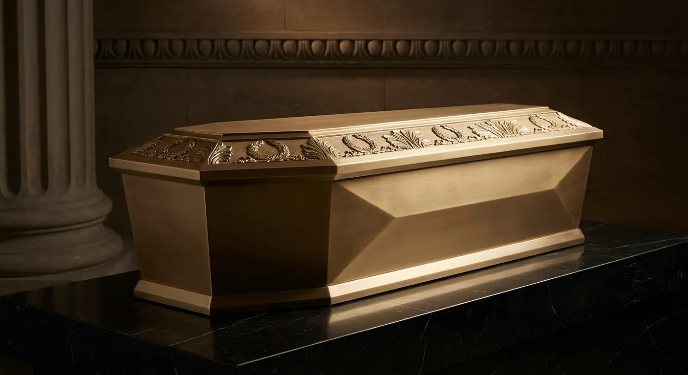 Polished faceted gold casket with chamfered lid on dark veined black marble, cinematic warm key light casting deep antique br
