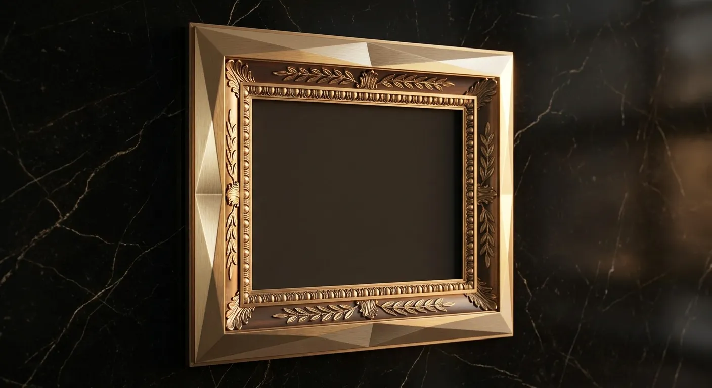 Polished faceted gold certificate frame with chamfered edges and antique bronze shadows hanging on dark veined black marble w
