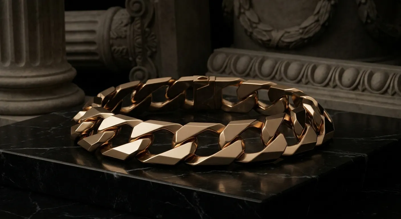Polished chamfered gold chain links resting on dark black marble with fine veining, lit by a warm cinematic key light
