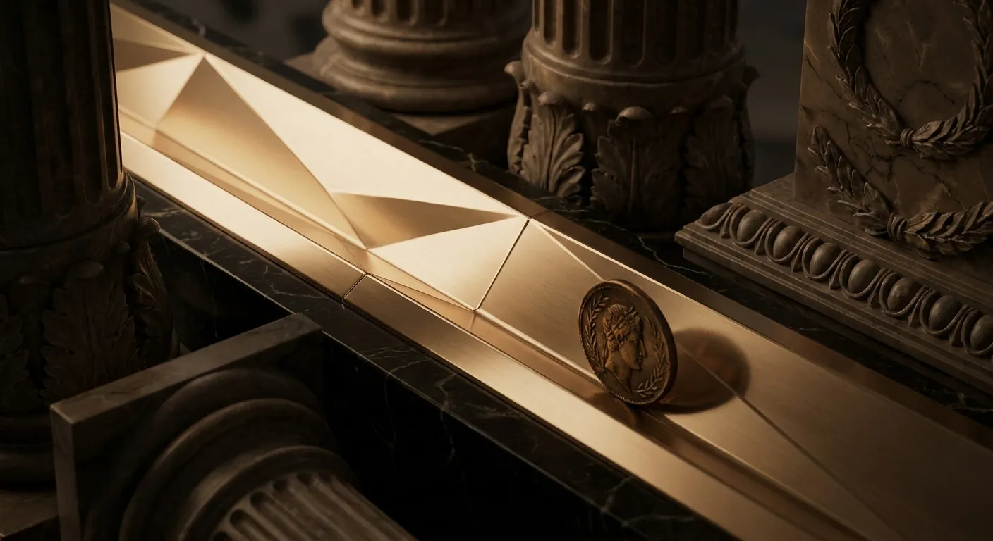 Polished chamfered gold channel carved into dark veined marble with a coin travelling along it, cinematic warm key light