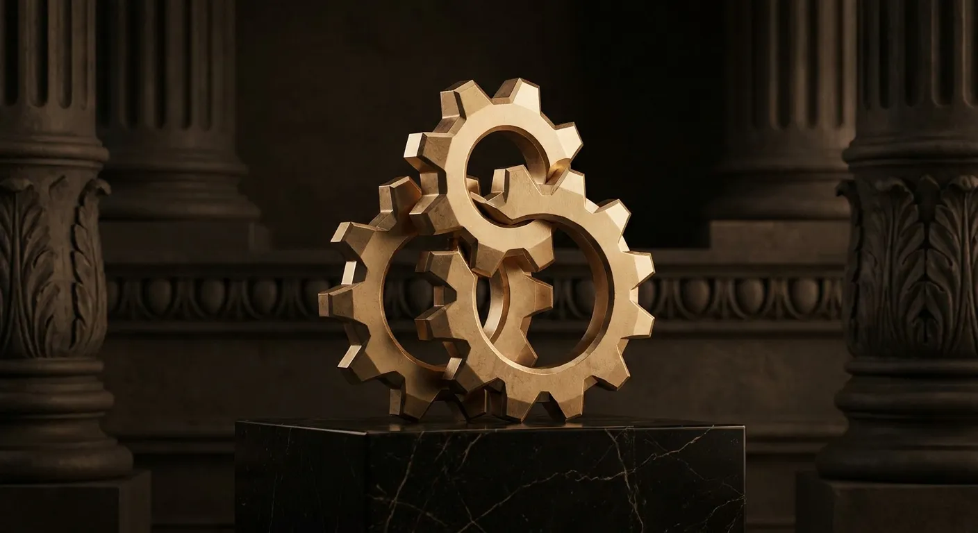 Three interlocked faceted gold cogwheels on dark veined marble, chamfered edges catching warm cinematic light with deep bronz