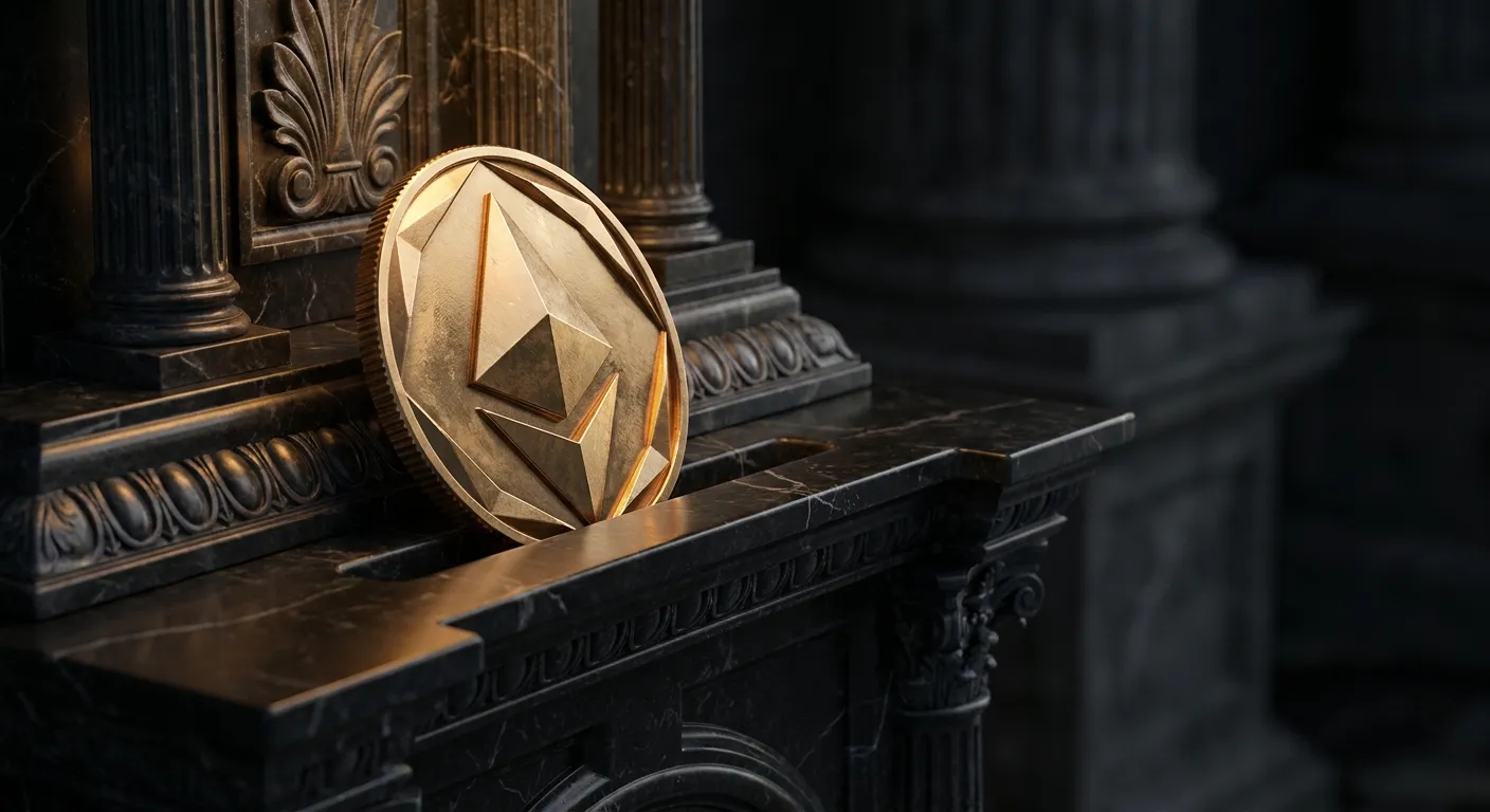 Polished faceted gold coin balanced on slot rim, warm cinematic lighting on dark veined marble with classical antiquity detai