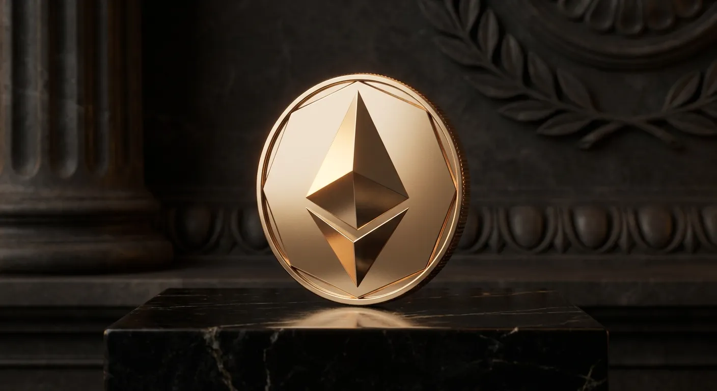 A single polished faceted gold coin on a wide empty black marble plinth, warm cinematic key light raking across chamfered edg
