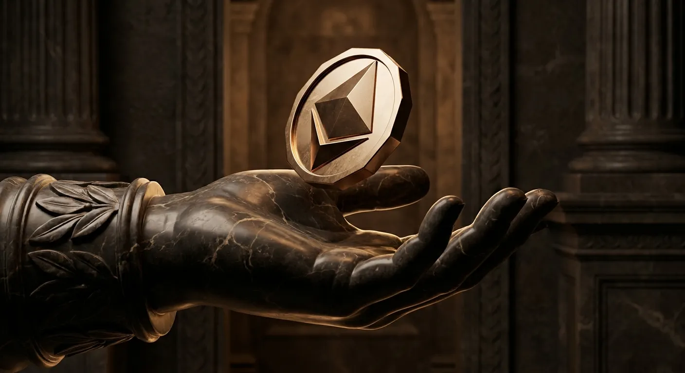 Polished faceted gold coin caught mid-air above an open marble hand, warm cinematic key light on chamfered edges, dark veined