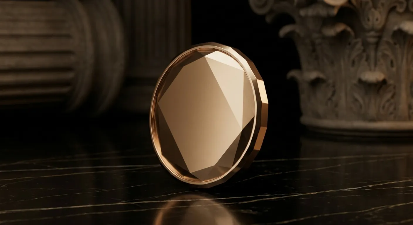 Polished faceted gold coin caught mid-spin upright on dark black marble, cinematic warm key light with deep antique bronze sh