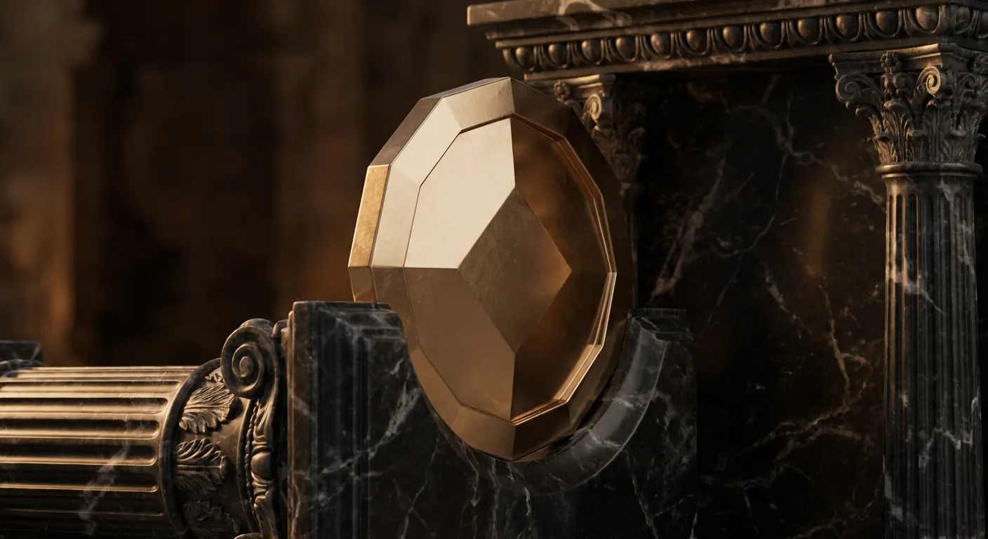 Polished faceted gold coin held in a marble clamp, warm cinematic key light casting champagne highlights and deep antique bro