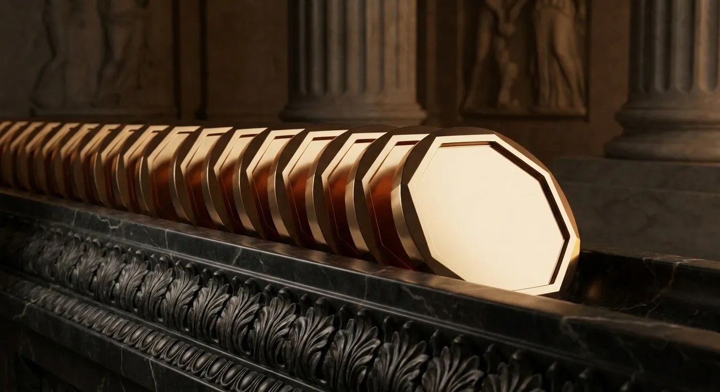 Polished faceted gold coins queued in a classical carved marble groove, warm key light raking across chamfered edges against 