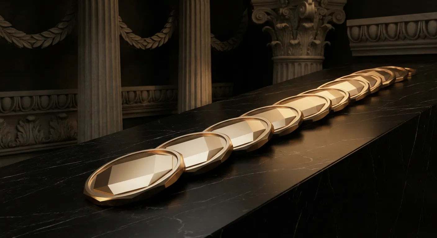 Polished faceted gold coins arranged in a receding tide line on dark veined marble, warm cinematic key light casting champagn