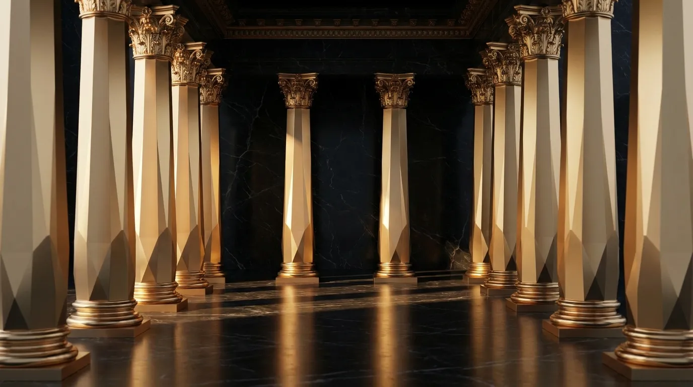 Wide colonnade of faceted gold columns with sharp chamfered edges and warm champagne highlights opening onto a dark black mar