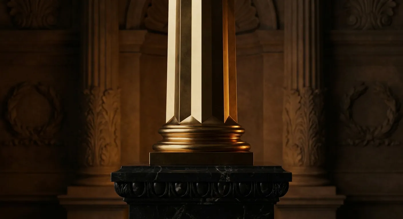 Polished faceted gold column on dark marble base, cinematic warm key light casting champagne highlights and deep antique bron