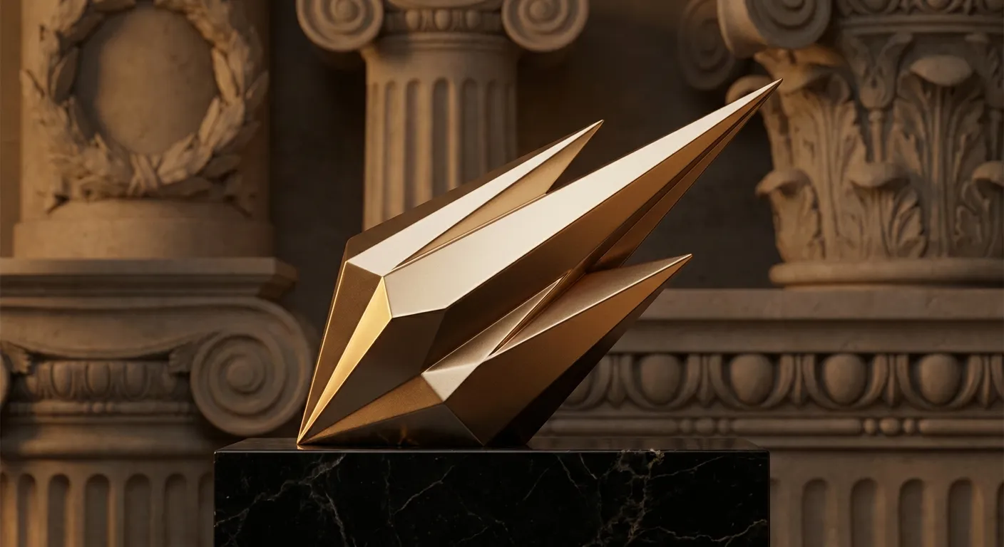 Polished faceted gold comet with angular tail, sharp chamfered edges and warm champagne highlights against dark veined black 