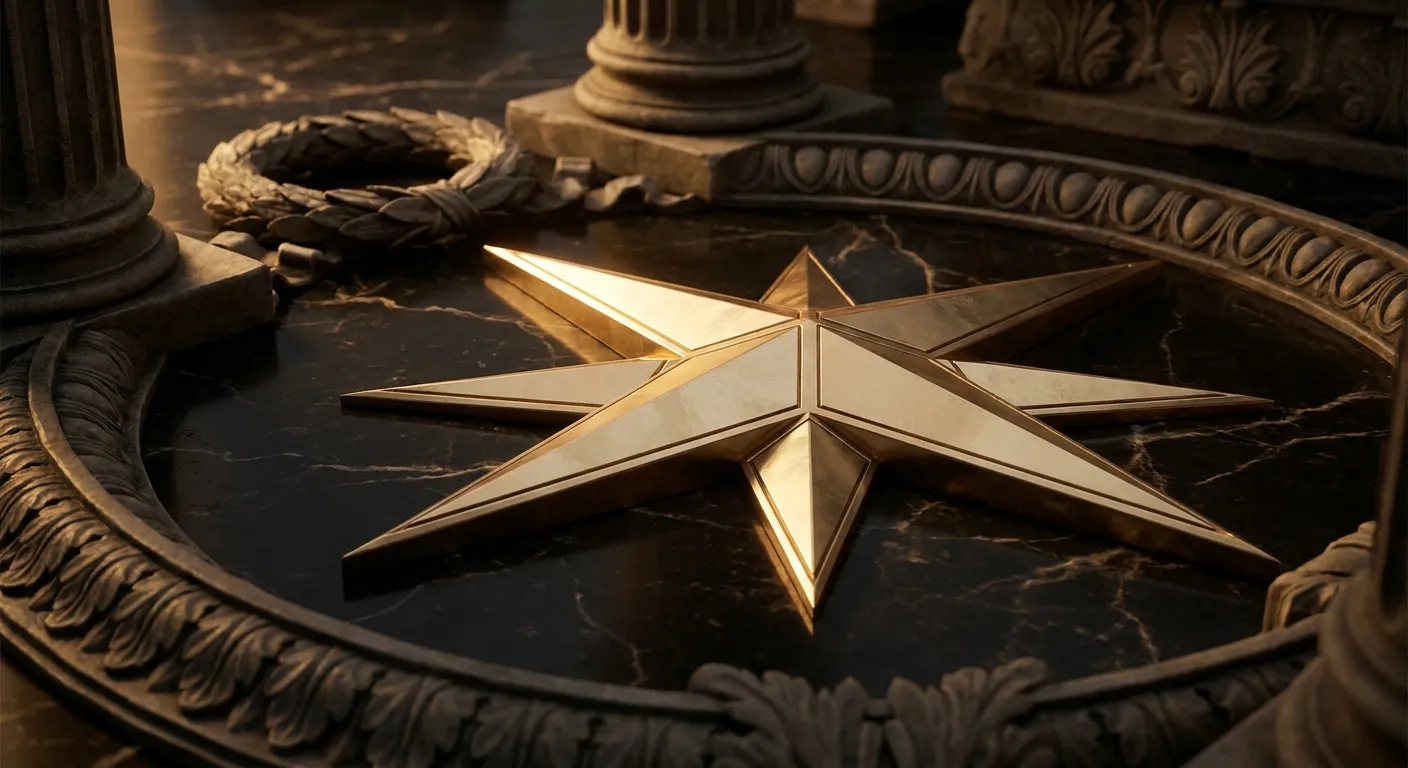 Polished faceted gold compass rose inlaid in dark veined marble floor, cinematic warm key light with deep antique bronze shad