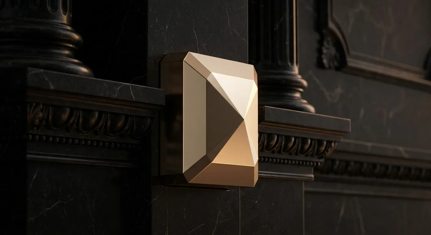Polished faceted gold cornerstone block set into dark veined black marble wall, cinematic warm raking light casting deep anti