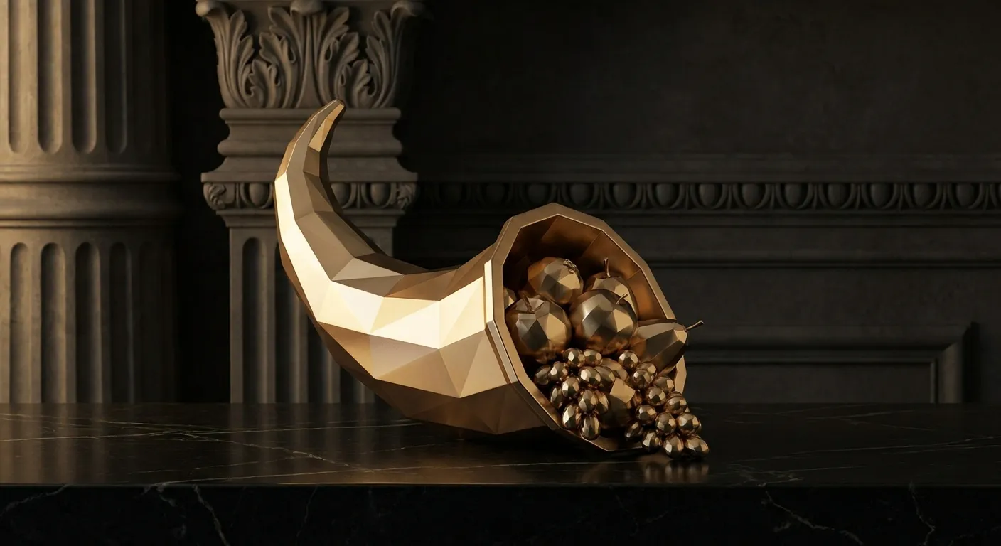 Cinematic faceted gold cornucopia spilling angular fruit onto dark veined black marble, warm champagne highlights and deep br