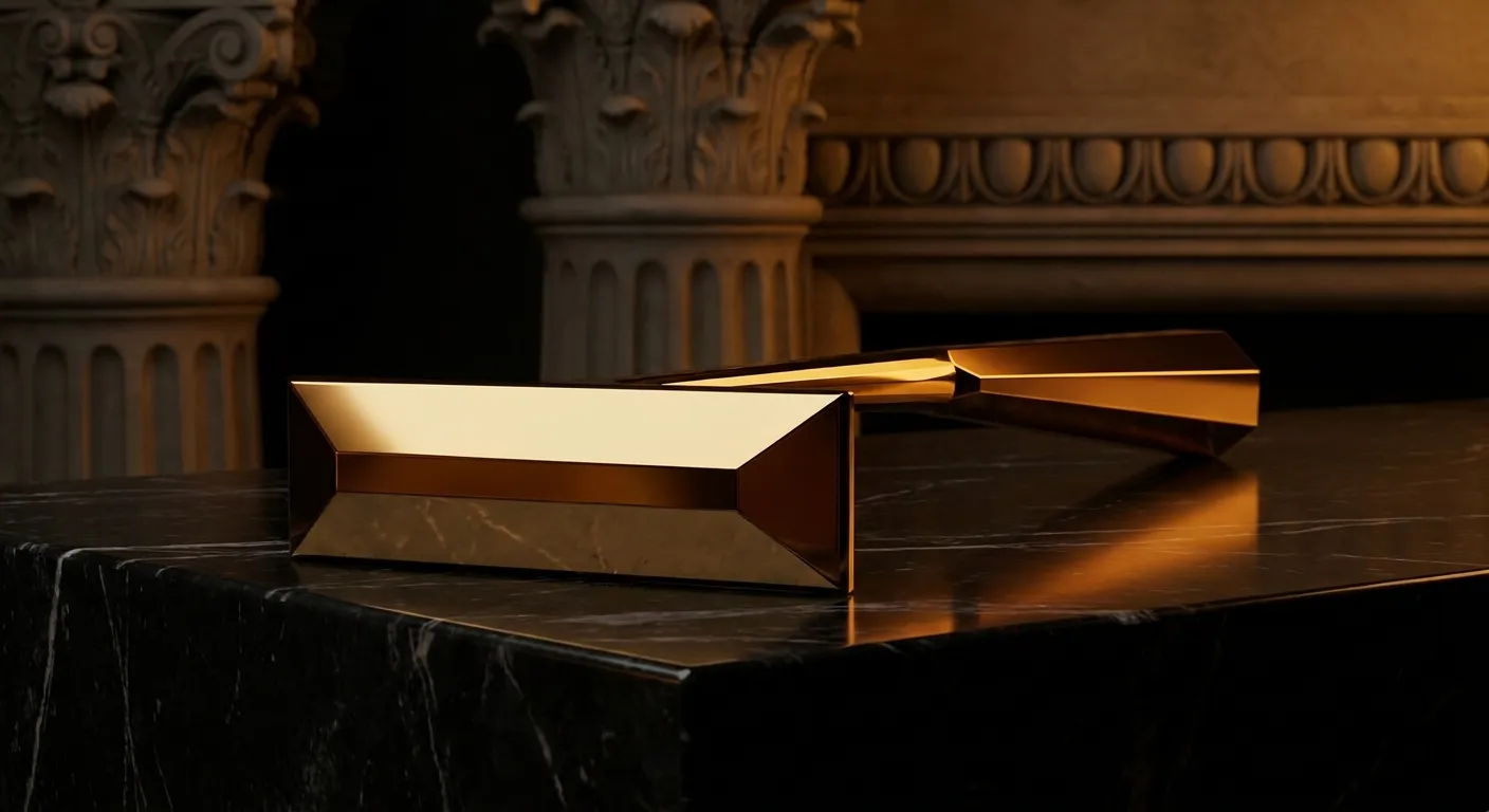 Polished faceted gold croupier rake resting across a dark veined marble table, cinematic warm key light catching chamfered ed