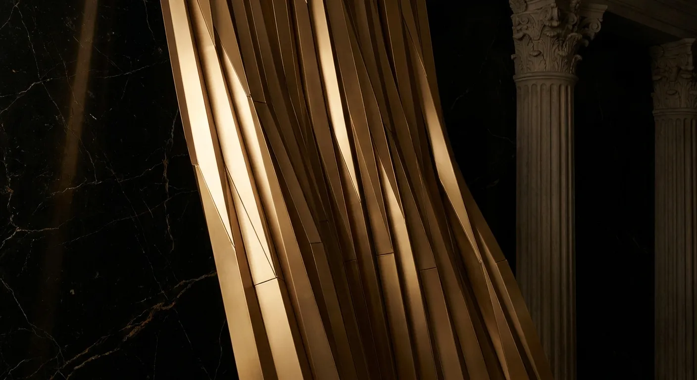 Cinematic polished faceted gold vertical drapery folds with sharp chamfered edges and warm champagne highlights against dark 