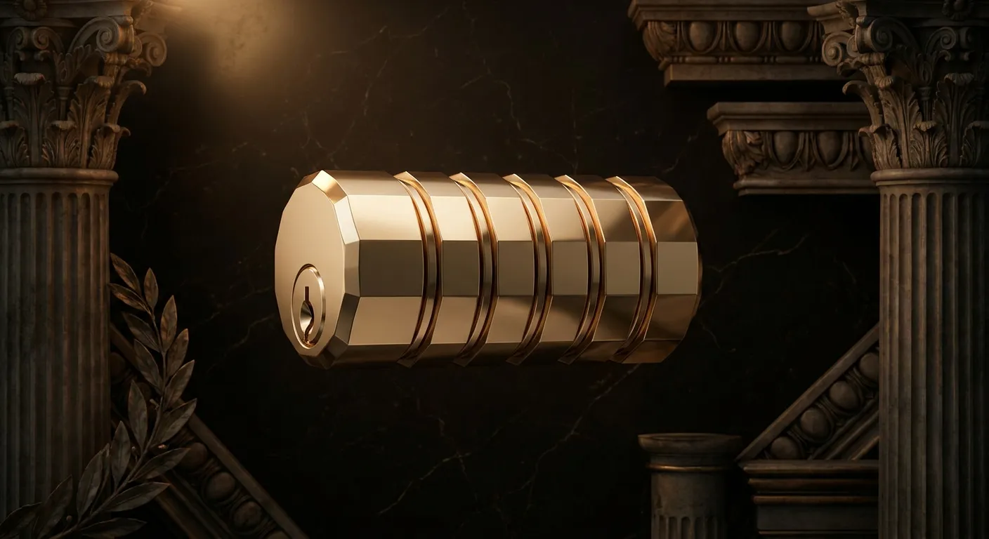 Polished faceted gold cylinder lock with blank rotating rings on dark veined black marble, cinematic warm key light with anti