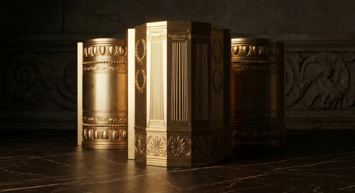 Three tall polished faceted gold cylinders on dark veined marble, sharp chamfered edges catching warm champagne light with de