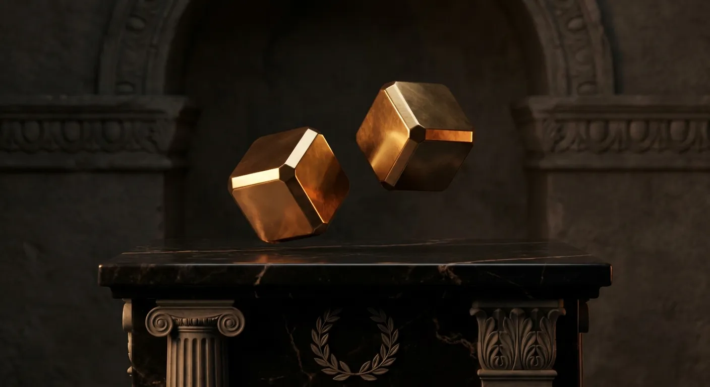 Two polished faceted gold dice mid-tumble above dark veined marble, cinematic warm key light casting deep antique bronze shad