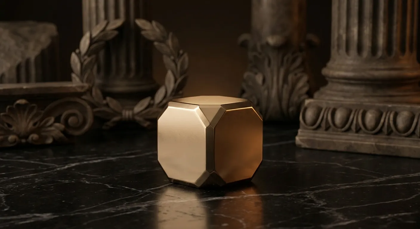 Polished faceted gold six-sided die on dark black marble with pale veining, warm cinematic key light casting deep shadows