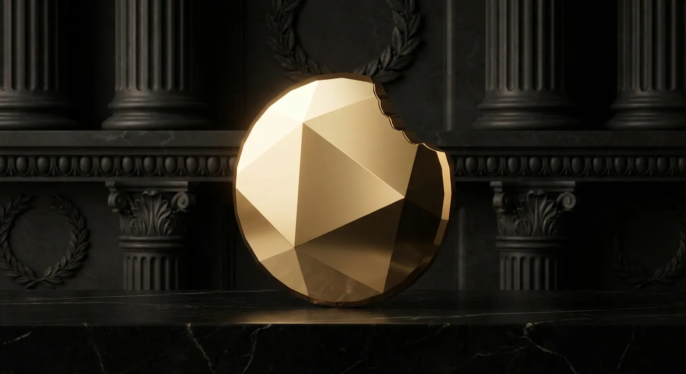 Polished faceted gold disc with sharp chamfered edges on black marble, warm cinematic key light revealing champagne highlight