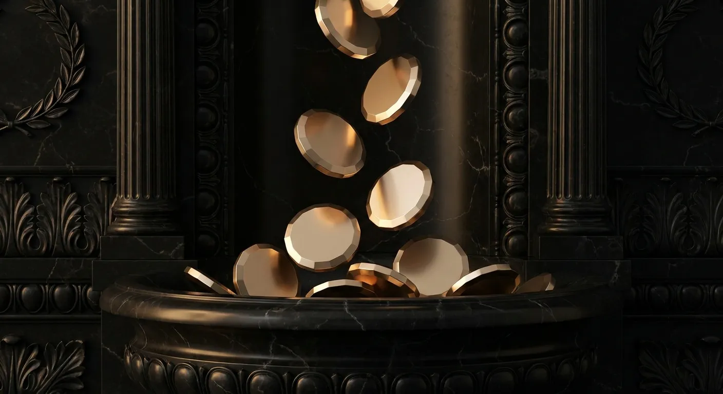 Cascading polished faceted gold discs falling into a dark veined marble basin, warm cinematic key light, classical antiquity