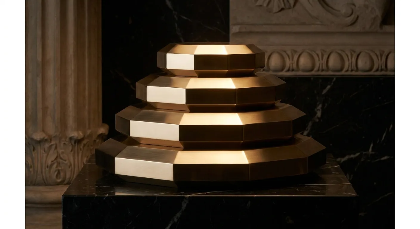 Four stacked faceted gold discs of decreasing size on dark veined marble, cinematic warm light with deep antique bronze shado