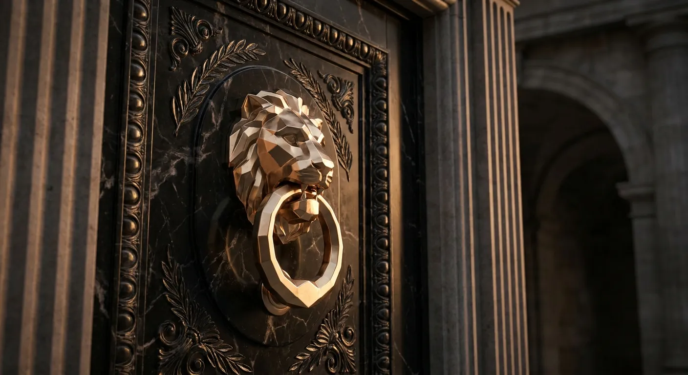 Polished faceted gold door knocker with sharp chamfered edges and warm champagne highlights against dark veined black marble,