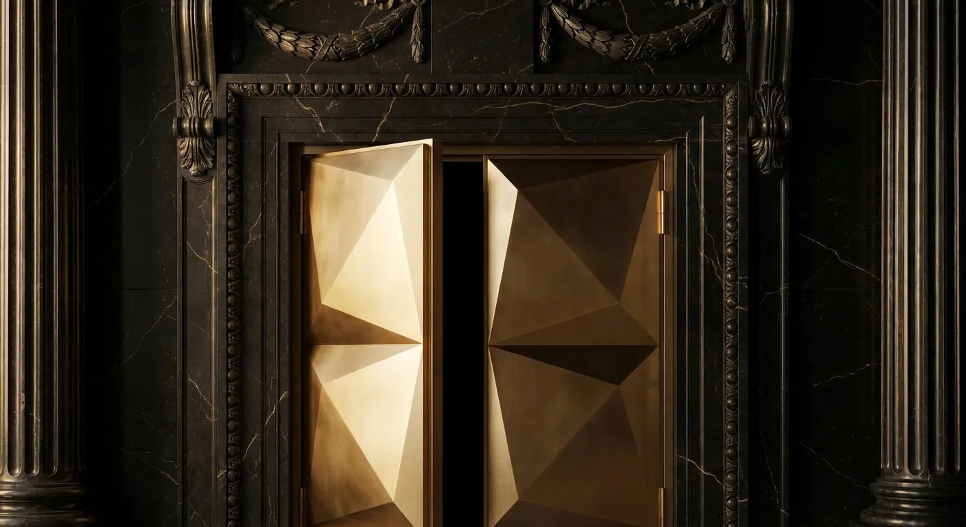 Polished faceted gold double doors slightly ajar in dark veined marble wall, classical acanthus mouldings, cinematic warm low
