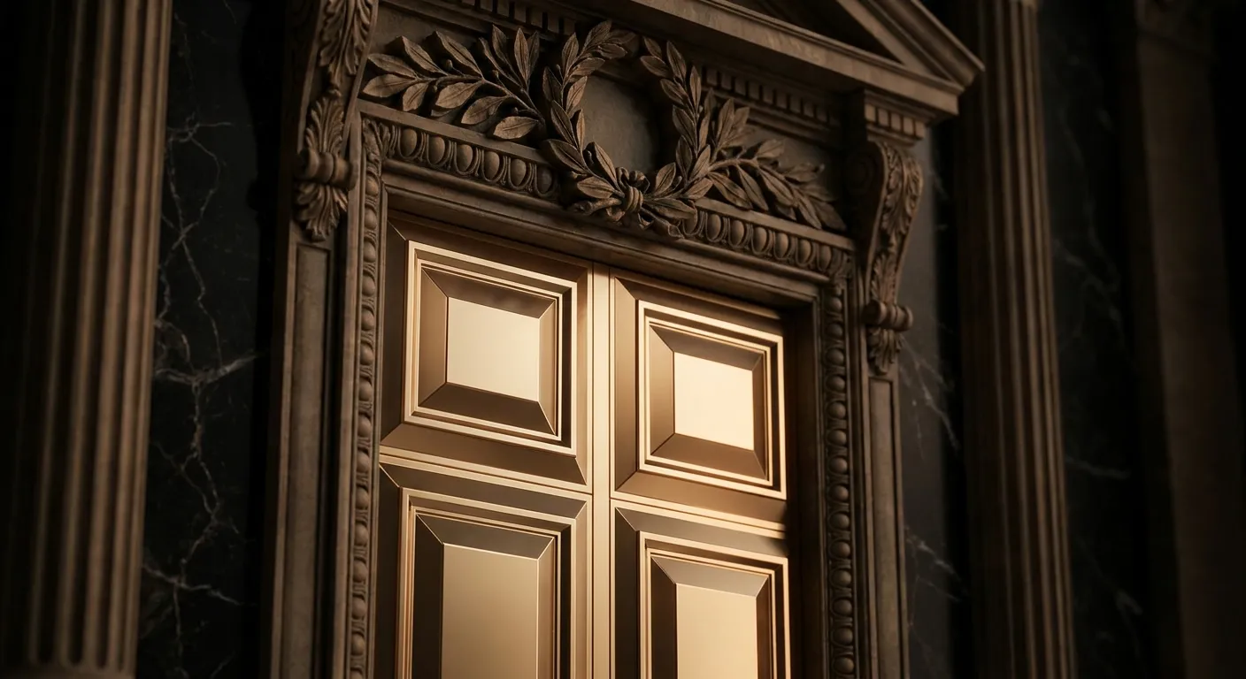 Cinematic faceted gold doorway wreathed in carved laurel, warm champagne highlights fading to antique bronze shadows on dark 